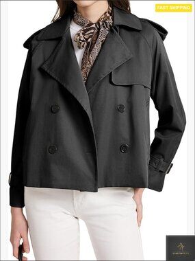 Cropped Trench Coat Double Breasted Notch Lapel Work Office Fall Spring Jacket